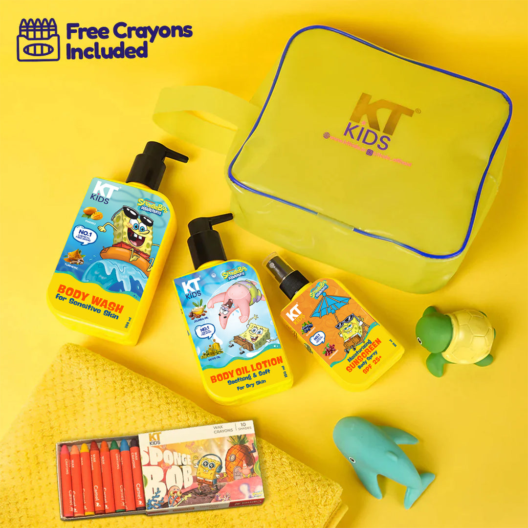 Personal Care Body Kit For Boys & Girls 3+ Years | Massage Oil + Soft Body Wash + Sunscreen + FREE Camel Crayon