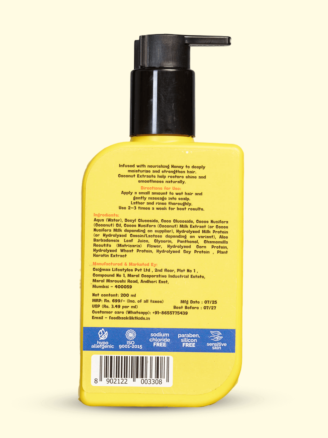 Healthy hair shampoo for girls in a yellow pump bottle, enriched with Honey and Coconut for nourishing and strengthening hair.