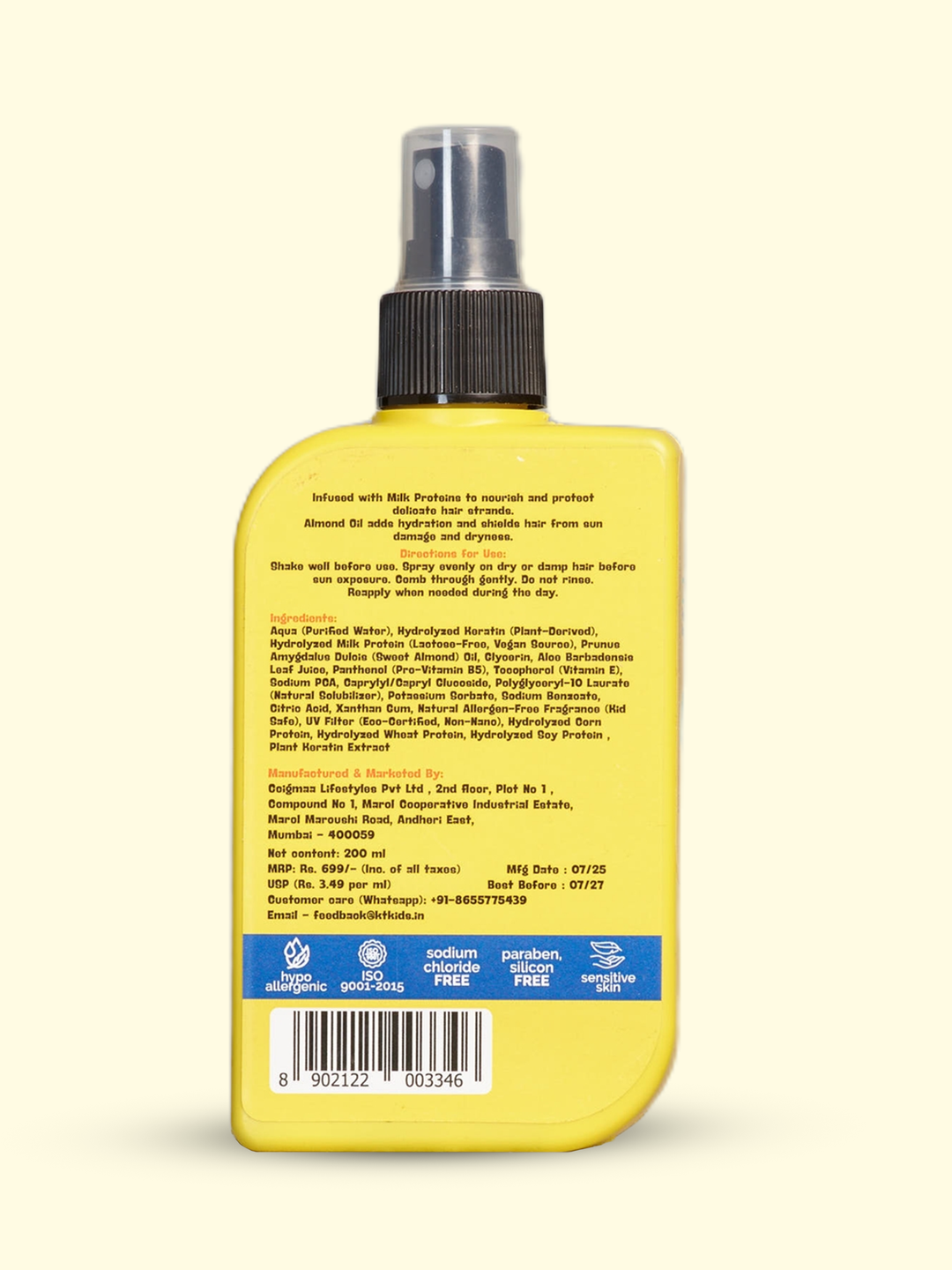 Moisturizing Sun Protection Hair Spray | Milk & Almond Oil | For Boys & Girls 3-12 years | 200ml - KT Kids