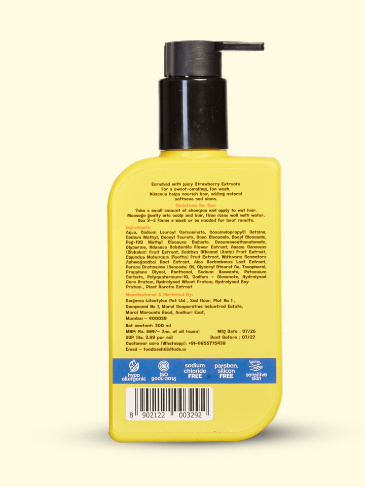 Gentle Cleansing Shampoo for girls with Strawberry Extracts in a yellow pump bottle, 200ml.