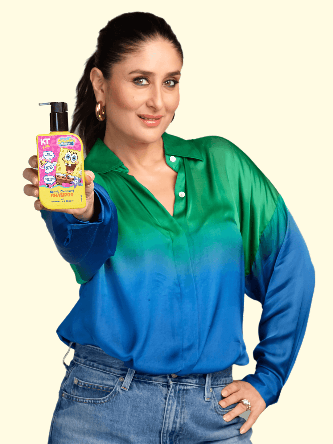 Gentle cleansing shampoo for girls displayed by a smiling woman in a colorful shirt, promoting fun bath time.