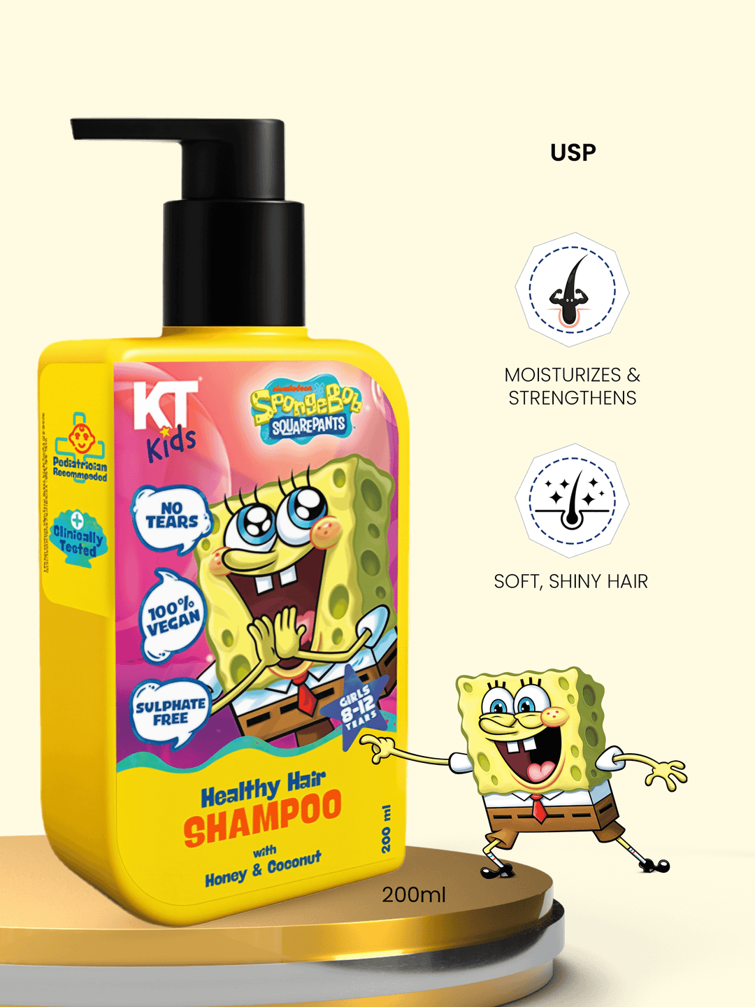 KT Kids Healthy Hair Shampoo for girls, Honey & Coconut, 200ml, nourishes and strengthens hair, soft shiny hair with no tears