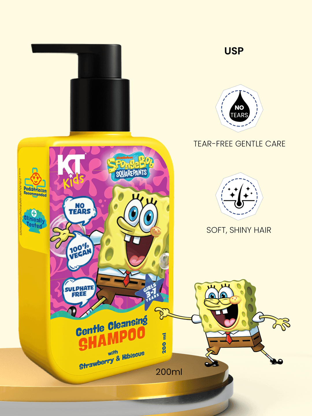 Gentle Cleansing Shampoo for girls with Strawberry & Hibiscus, tear-free formula, 200ml bottle, KT Kids product.