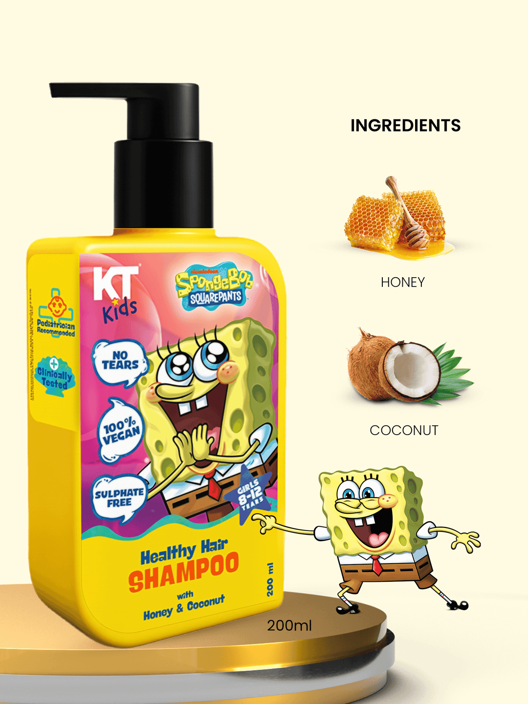 KT Kids Healthy Hair Shampoo for girls, with Honey and Coconut, 200ml, sulfate-free, vegan formula.