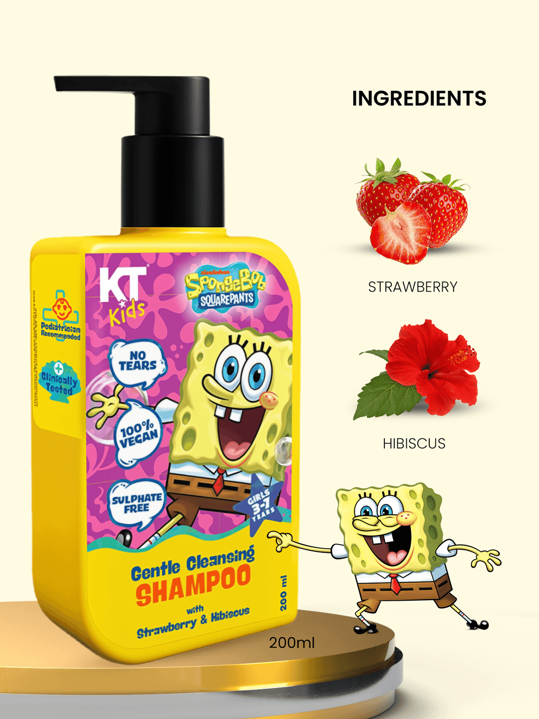KT Kids Gentle Cleansing Shampoo for girls, strawberry and hibiscus, 200ml bottle, no tears formula.