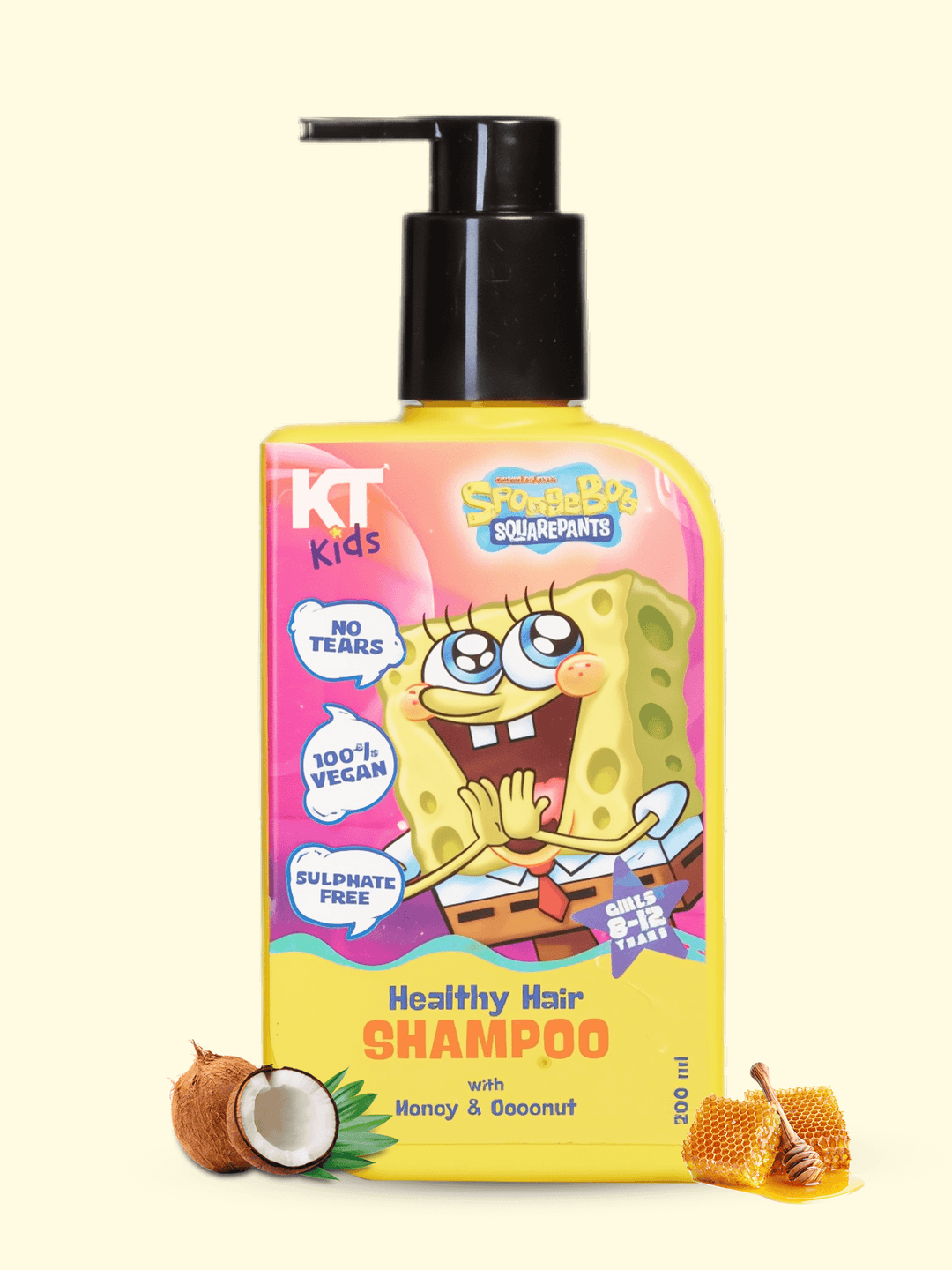 Healthy Hair Shampoo for girls by KT Kids with Honey & Coconut, 200ml bottle for gentle hair care.